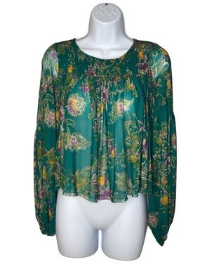 Free People Up For Anything Floral Sheer Smocked Yoke Cropped Blouse Small